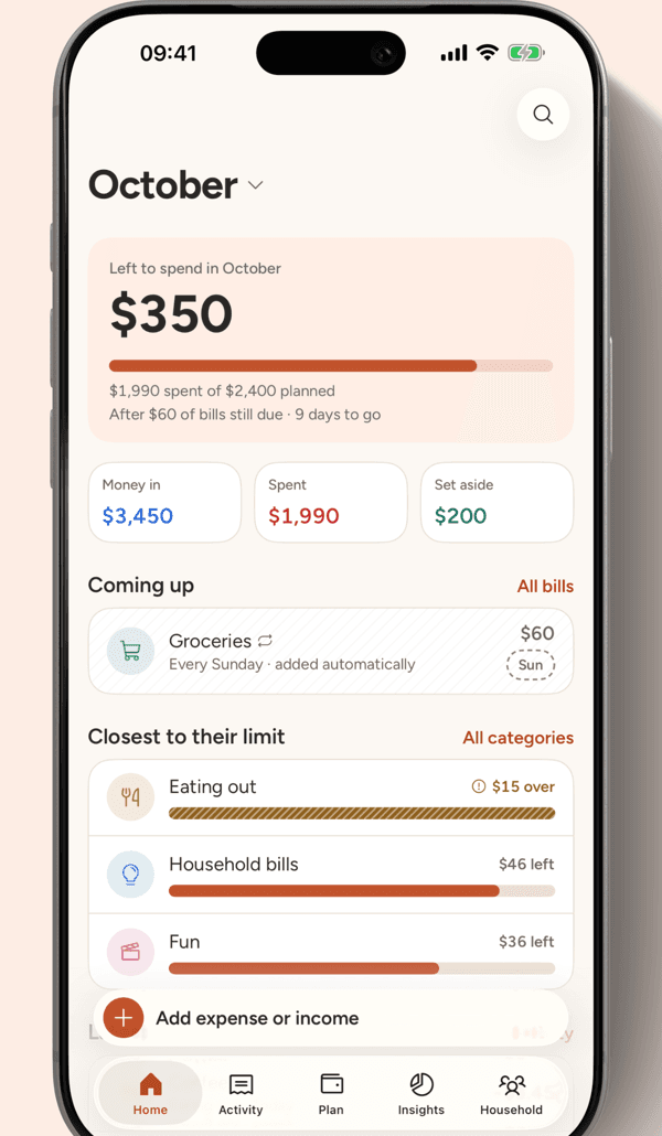 Simple Budget Planner home screen showing $350 left to spend in October, with bills still due already counted